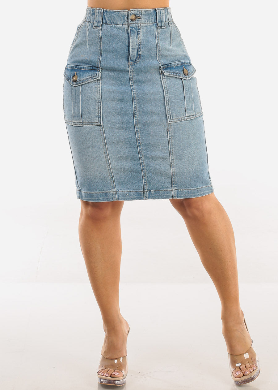 Butt Lift Stretch Cargo Denim Pencil Skirt Light Wash