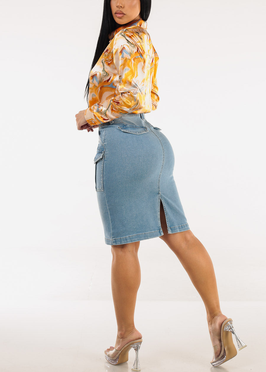 Butt Lift Stretch Cargo Denim Pencil Skirt Light Wash