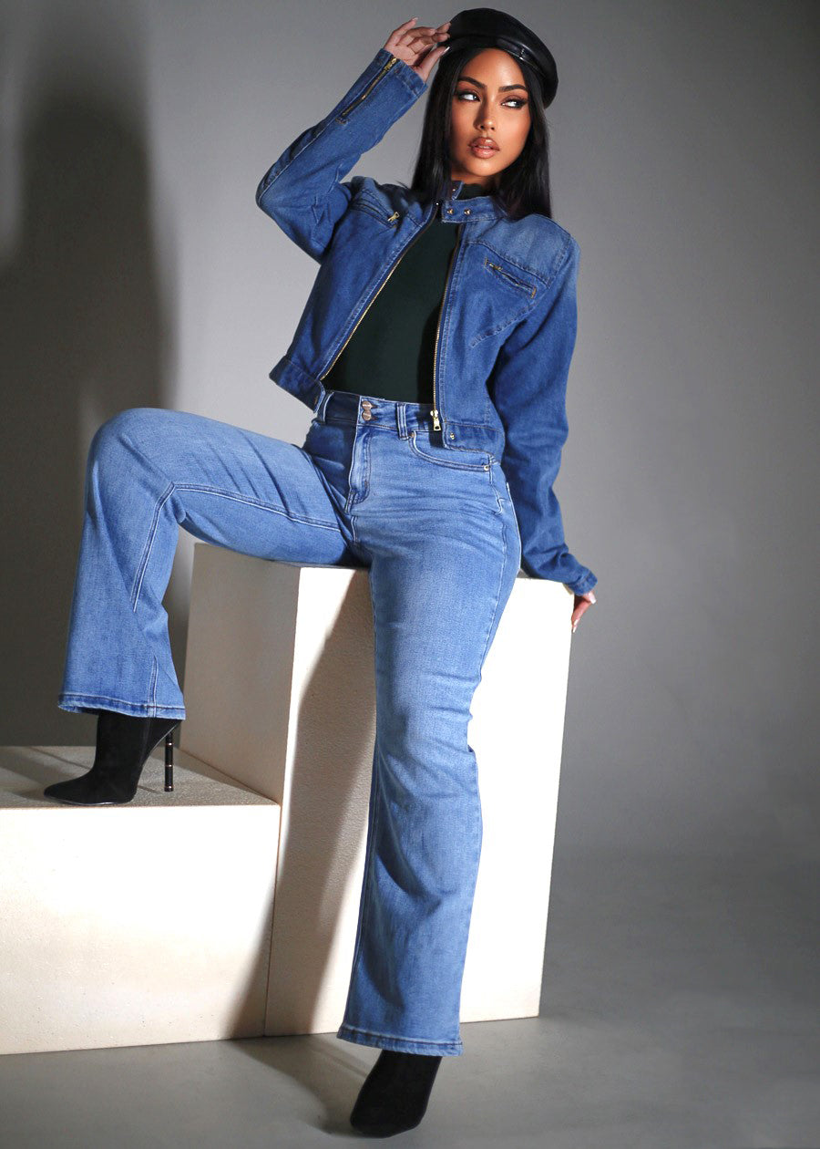 Long Sleeve Zip Up Denim Jacket Med Wash