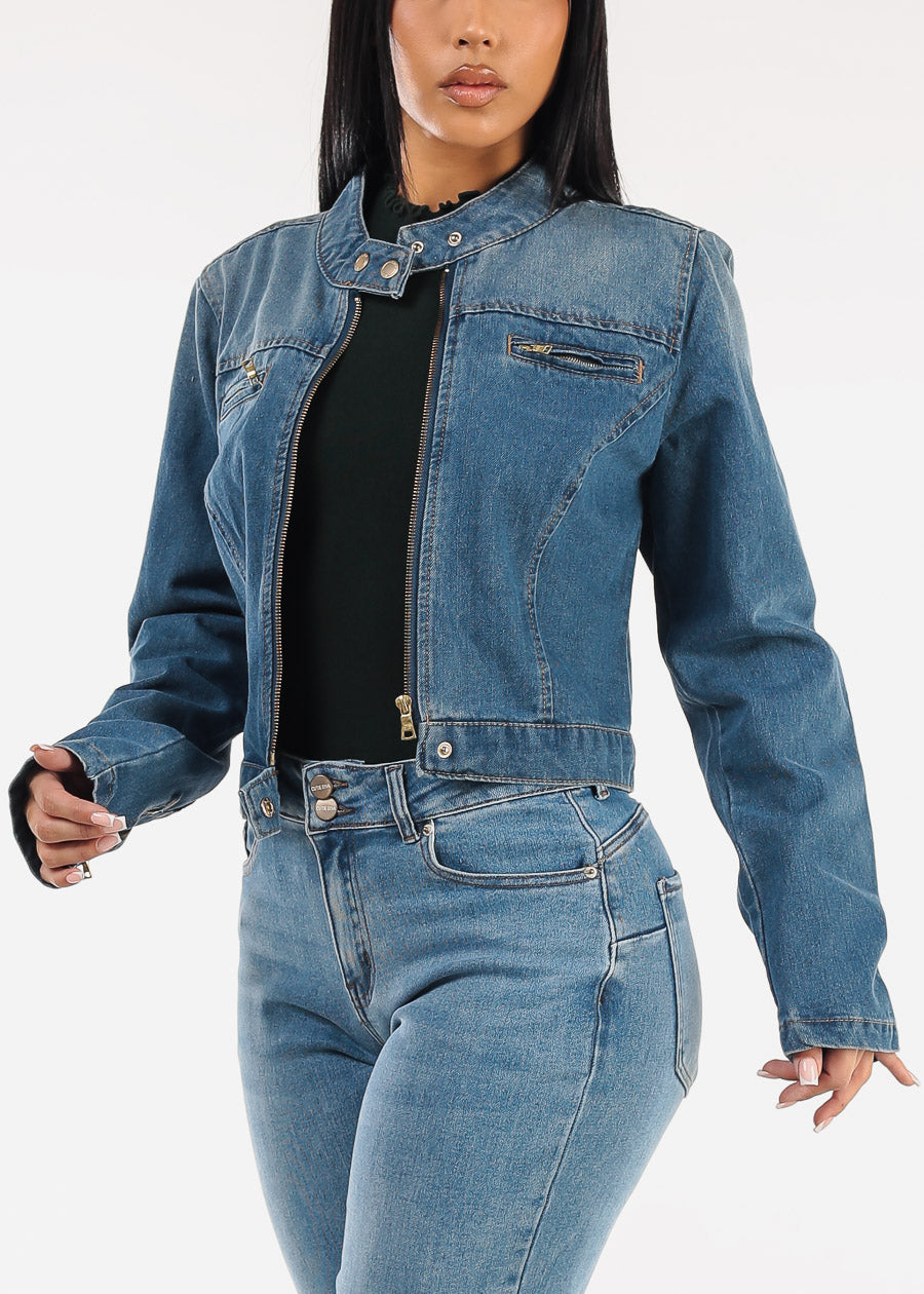 Long Sleeve Zip Up Denim Jacket Med Wash