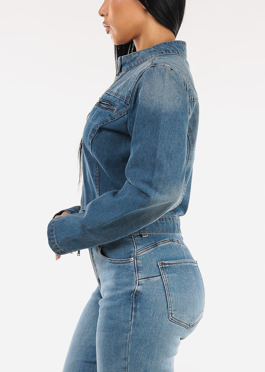 Long Sleeve Zip Up Denim Jacket Med Wash