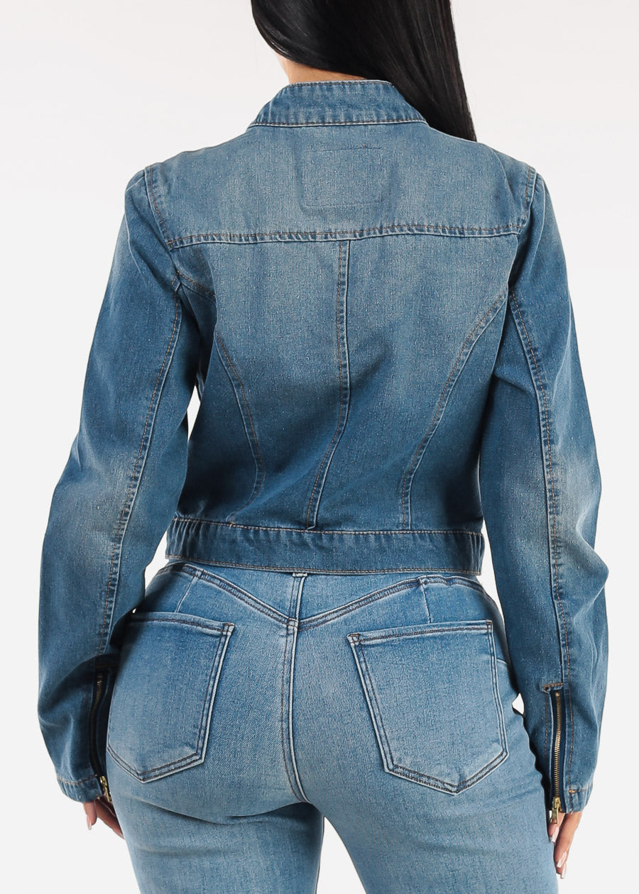 Long Sleeve Zip Up Denim Jacket Med Wash