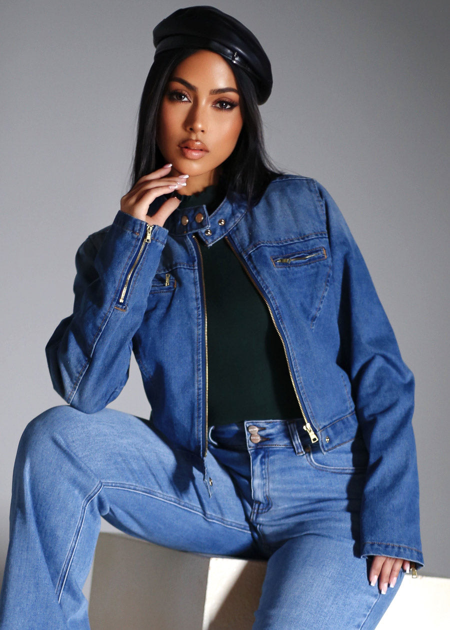 Long Sleeve Zip Up Denim Jacket Med Wash