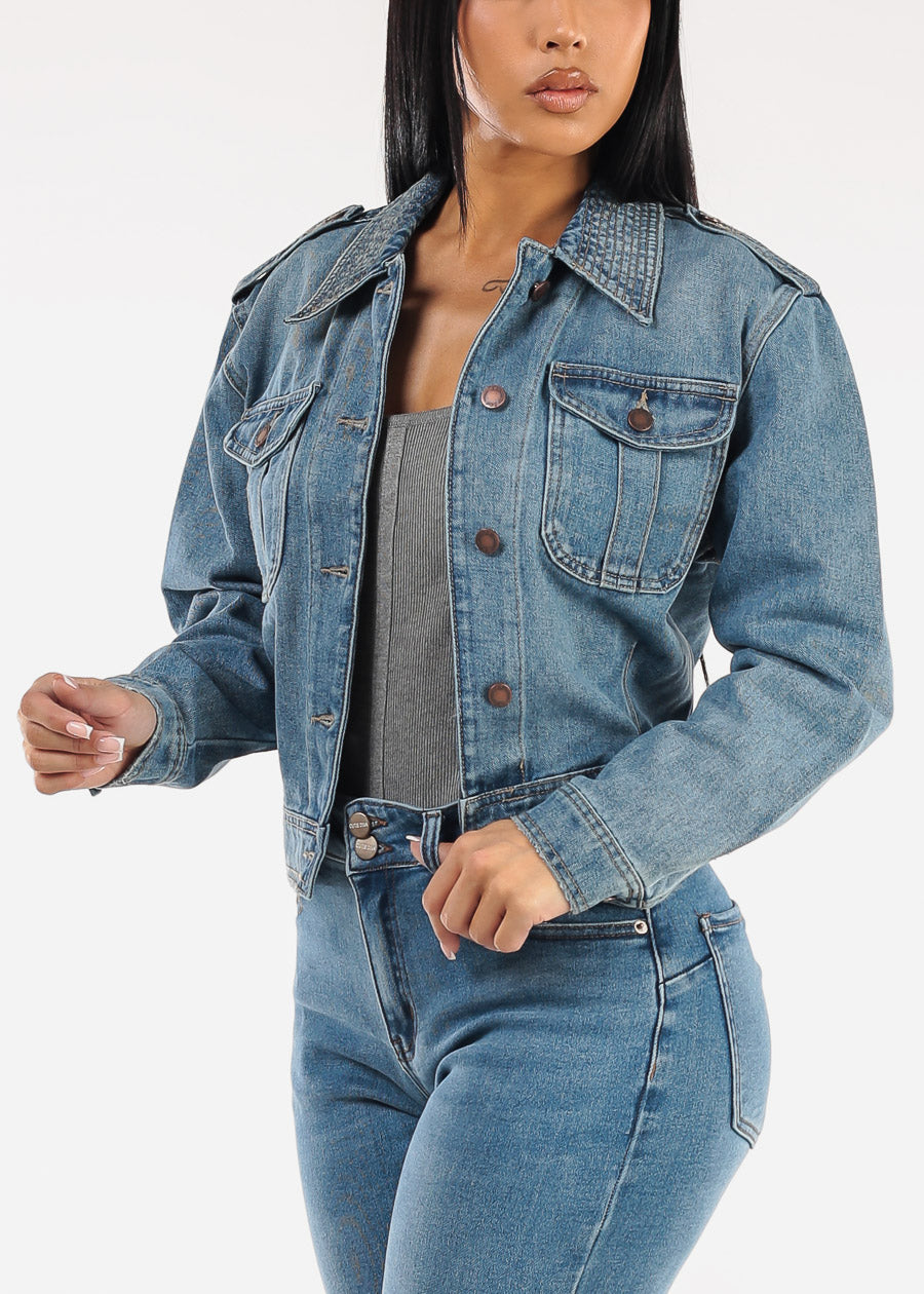 Long Sleeve Button Up Cotton Denim Jacket Vintage Wash