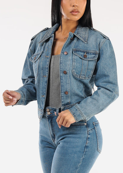 Long Sleeve Button Up Cotton Denim Jacket Vintage Wash
