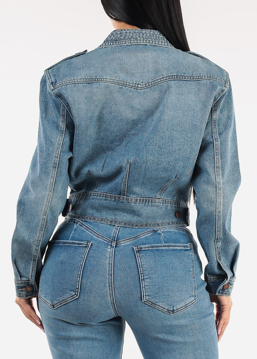 Long Sleeve Button Up Cotton Denim Jacket Vintage Wash