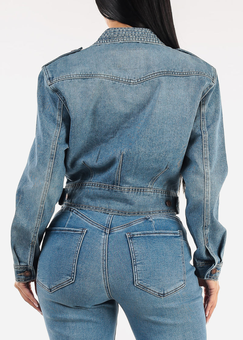 Long Sleeve Button Up Cotton Denim Jacket Vintage Wash