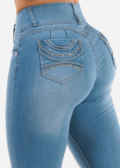 Butt Lift High Waist Chain Pocket Skinny Jeans Light Wash
