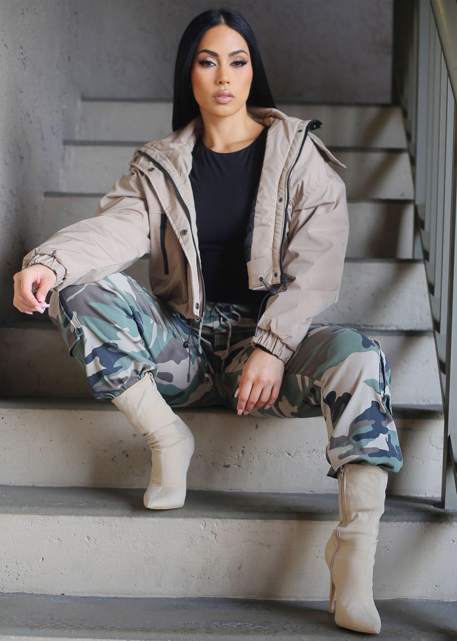 Drawstring Waist Hyper Stretch Camo Cargo Jogger Pants