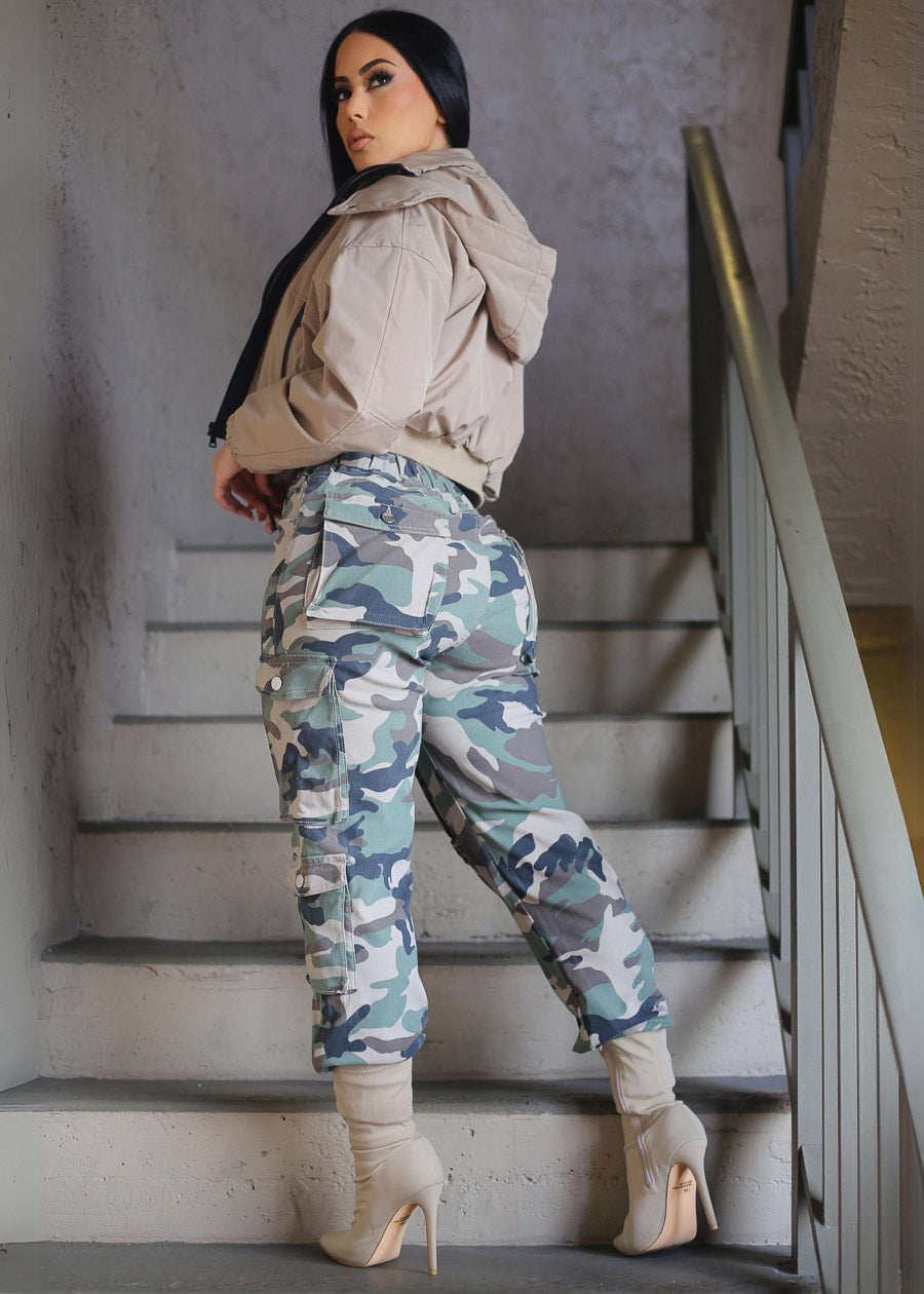 Drawstring Waist Hyper Stretch Camo Cargo Jogger Pants