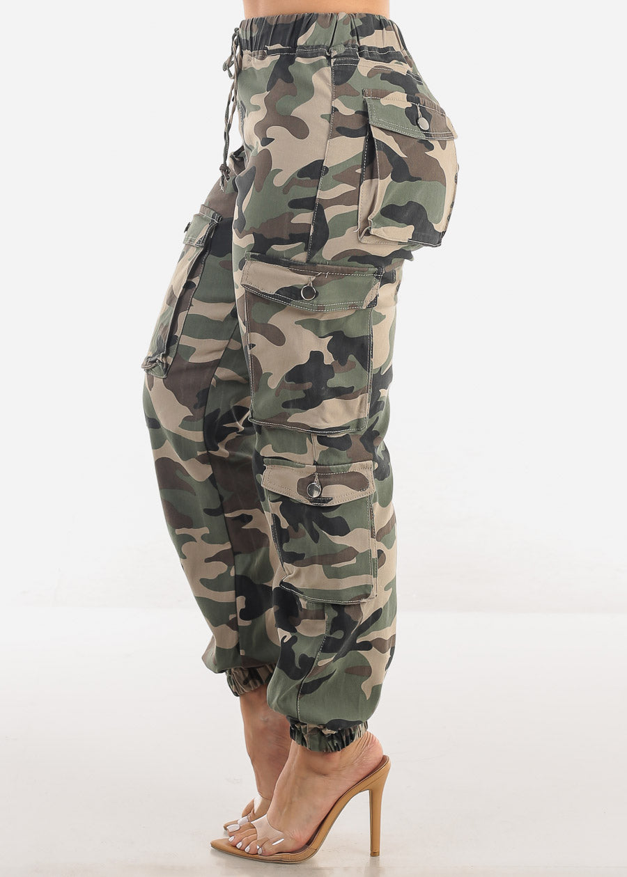 Drawstring Waist Hyper Stretch Camo Cargo Jogger Pants