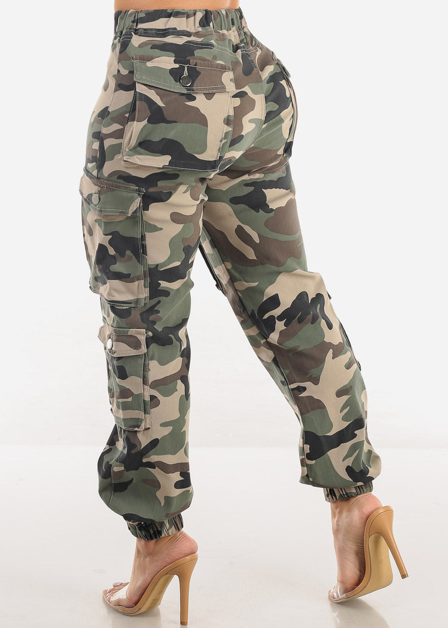 Drawstring Waist Hyper Stretch Camo Cargo Jogger Pants