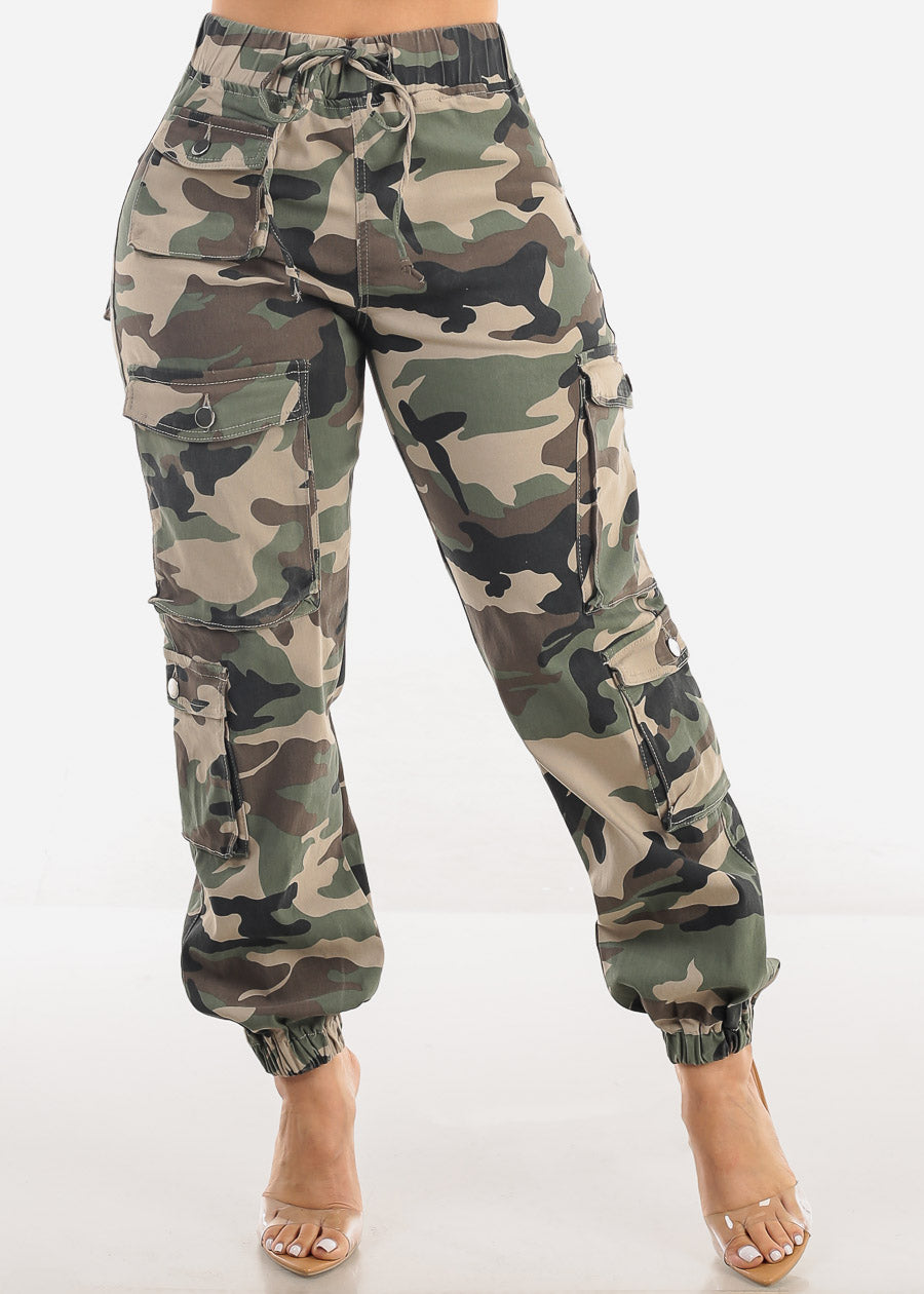 Drawstring Waist Hyper Stretch Camo Cargo Jogger Pants