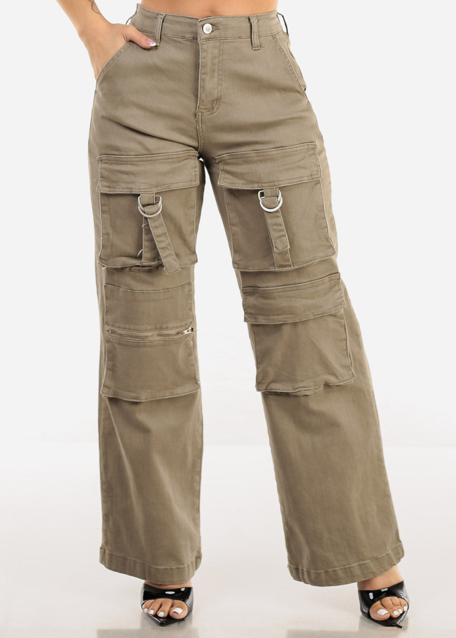 Super High Waist Straight Wide Leg Cargo Jeans Light Olive