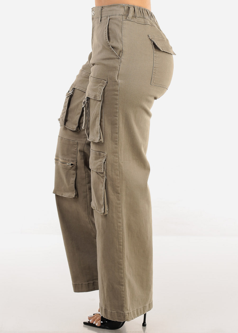 Super High Waist Straight Wide Leg Cargo Jeans Light Olive