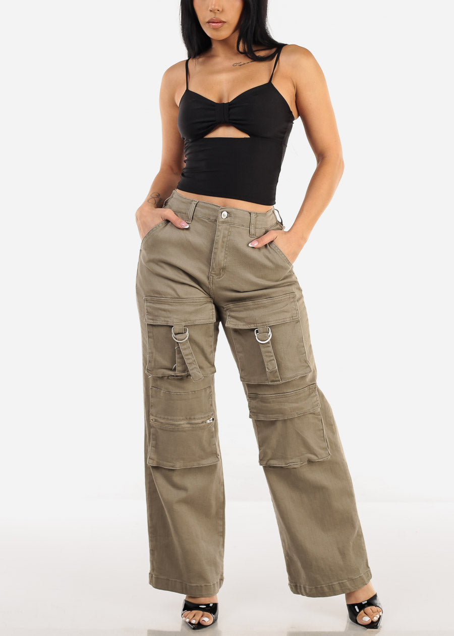 Super High Waist Straight Wide Leg Cargo Jeans Light Olive