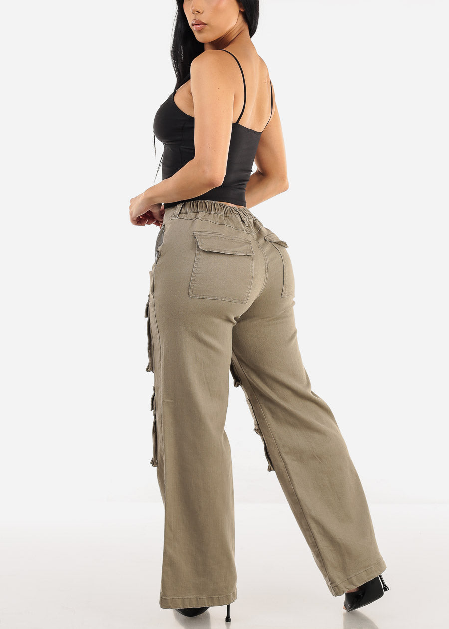 Super High Waist Straight Wide Leg Cargo Jeans Light Olive