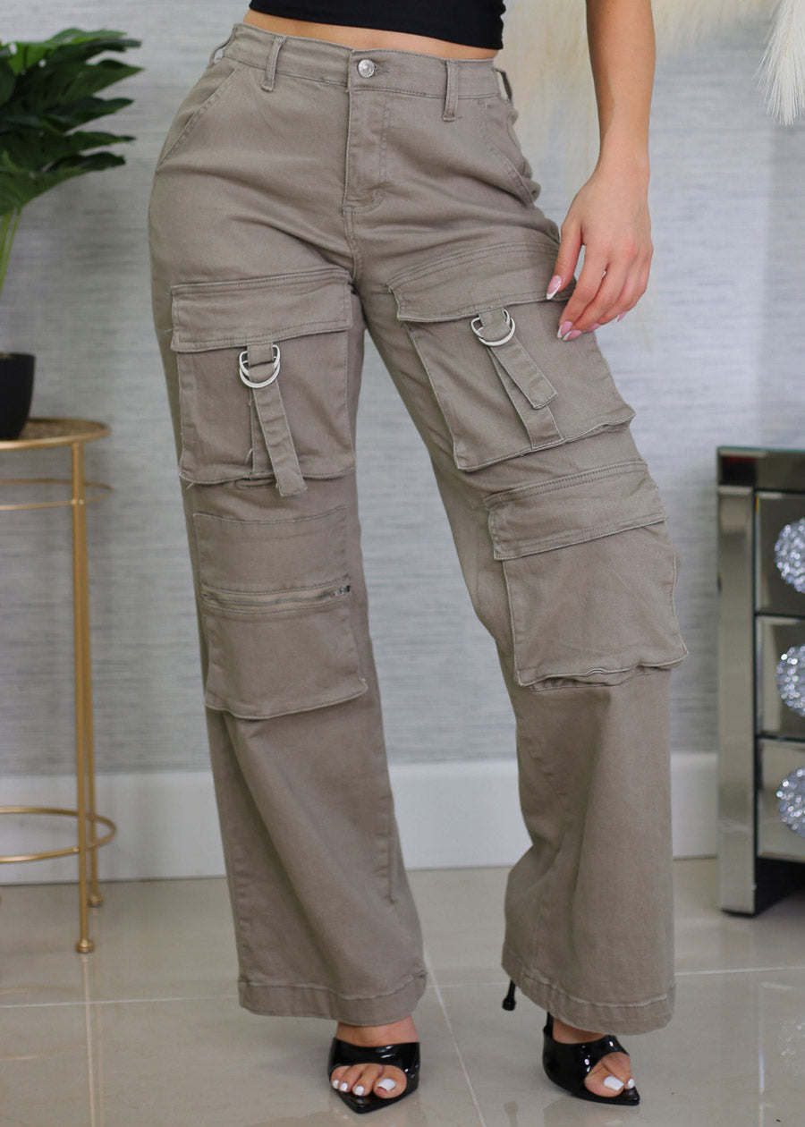 Super High Waist Straight Wide Leg Cargo Jeans Light Olive