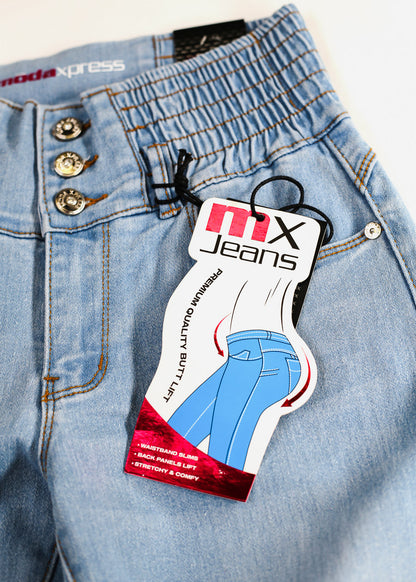 MX JEANS Butt Lift 3 Button Spandex Waist Bootcut Jeans Light Wash
