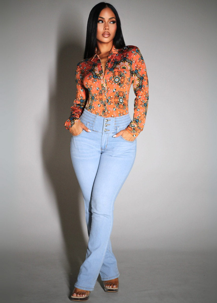 MX JEANS Butt Lift 3 Button Spandex Waist Bootcut Jeans Light Wash