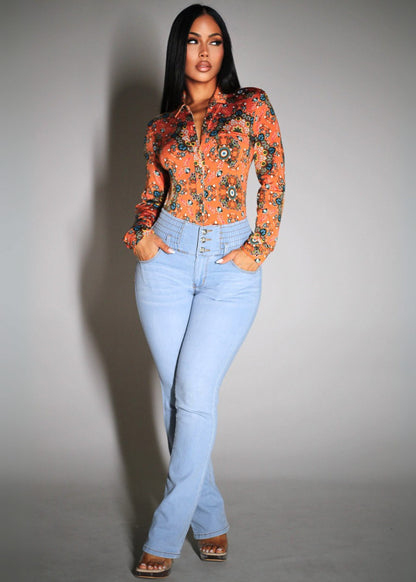 MX JEANS Butt Lift 3 Button Spandex Waist Bootcut Jeans Light Wash