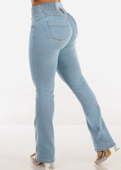 MX JEANS 3 Button Spandex Waist Bootcut Jeans Light Wash