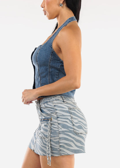 Stretchy Halter Denim Crop Top Med Blue