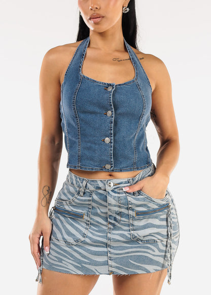 Stretchy Halter Denim Crop Top Med Blue