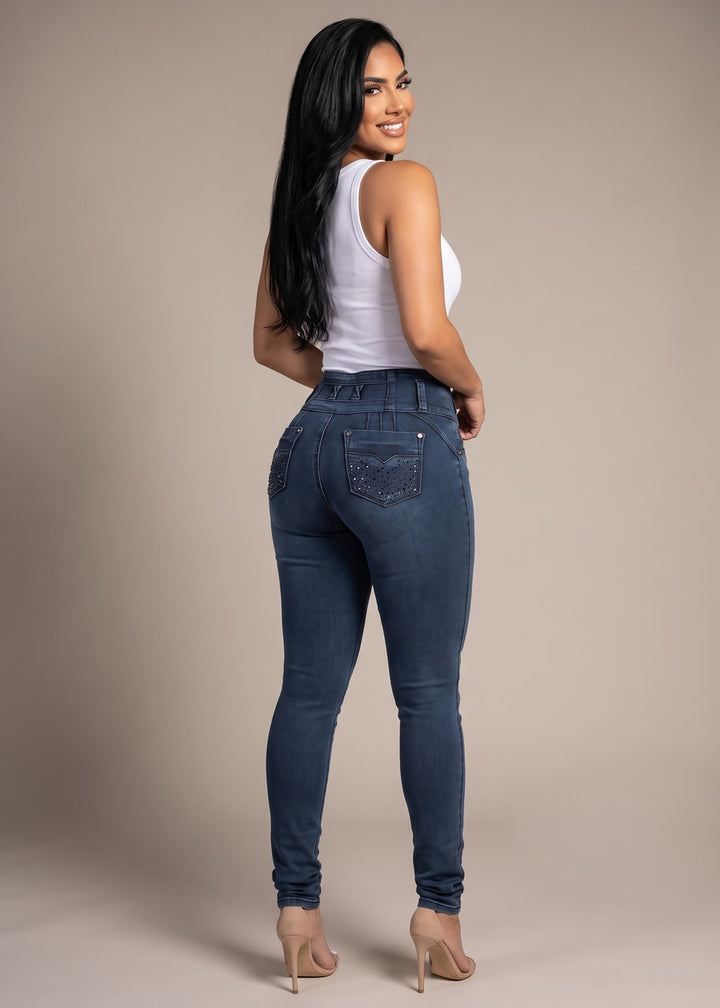 MX JEANS Butt Lifting Dark Acid Blue Skinny Jeans W Rhinestone Pockets