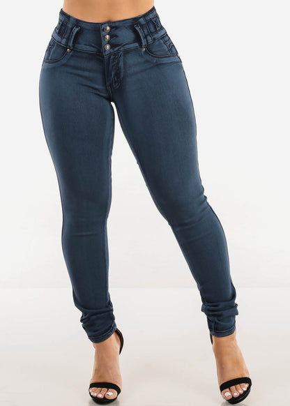 MX JEANS Butt Lifting Dark Acid Blue Skinny Jeans W Rhinestone Pockets