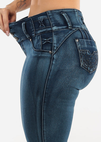 MX JEANS Butt Lifting Dark Acid Blue Skinny Jeans W Rhinestone Pockets