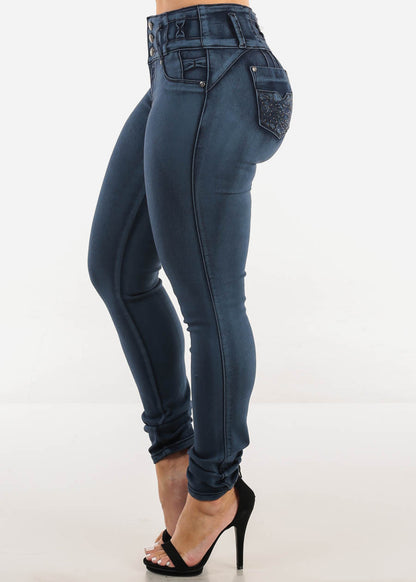 MX JEANS Butt Lifting Dark Acid Blue Skinny Jeans W Rhinestone Pockets