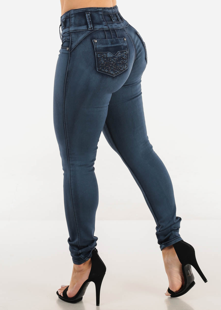 MX JEANS Butt Lifting Dark Acid Blue Skinny Jeans W Rhinestone Pockets