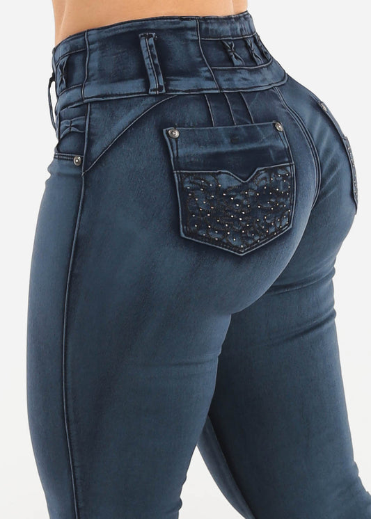 MX JEANS Butt Lifting Dark Acid Blue Skinny Jeans W Rhinestone Pockets