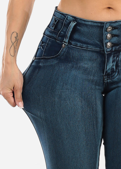 MX JEANS Butt Lifting Dark Acid Blue Skinny Jeans W Rhinestone Pockets