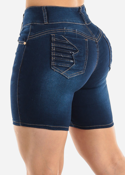 Butt Lifting Mid Rise Dark Denim Mid Thigh Shorts