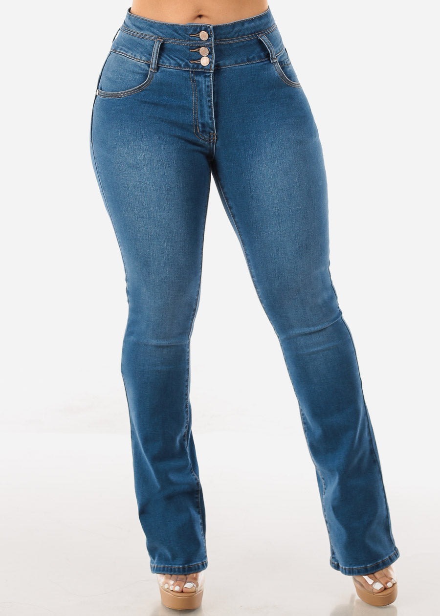 High Waisted Butt Lifting Bootcut Jeans Med Blue