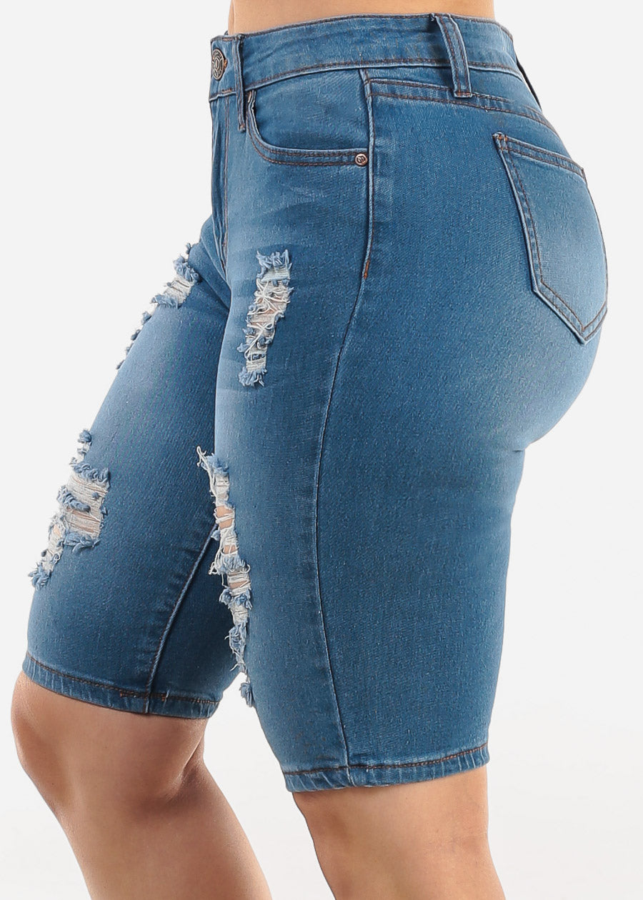 Stretchy Mid Rise Torn Denim Bermuda Shorts Blue