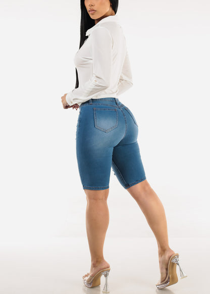 Stretchy Mid Rise Torn Denim Bermuda Shorts Blue