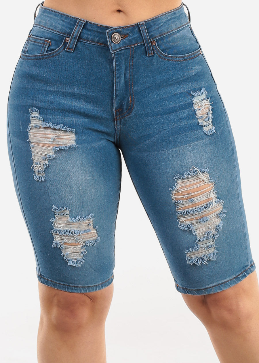 Women's Blue Distressed Denim Bermuda Shorts - Blue Bermuda Shorts ...