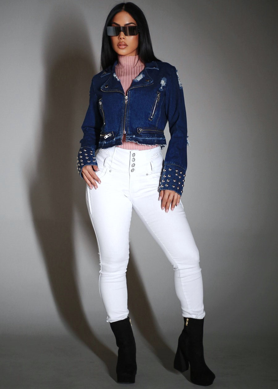 Zip Up Long Sleeve Distressed Moto Denim Jacket Dark Wash