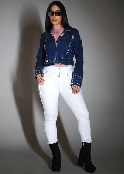 Zip Up Long Sleeve Distressed Moto Denim Jacket Dark Wash