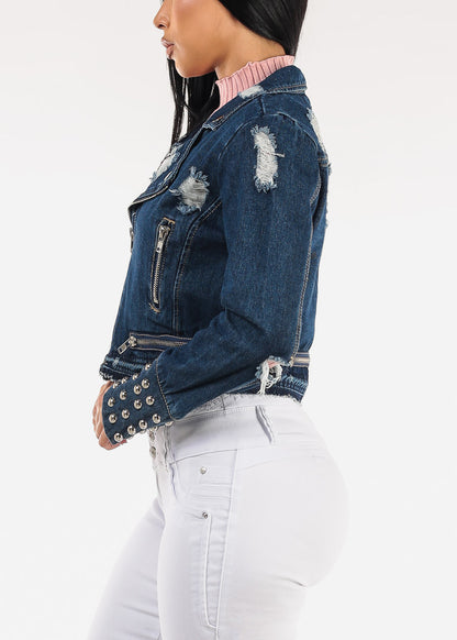 Zip Up Long Sleeve Distressed Moto Denim Jacket Dark Wash