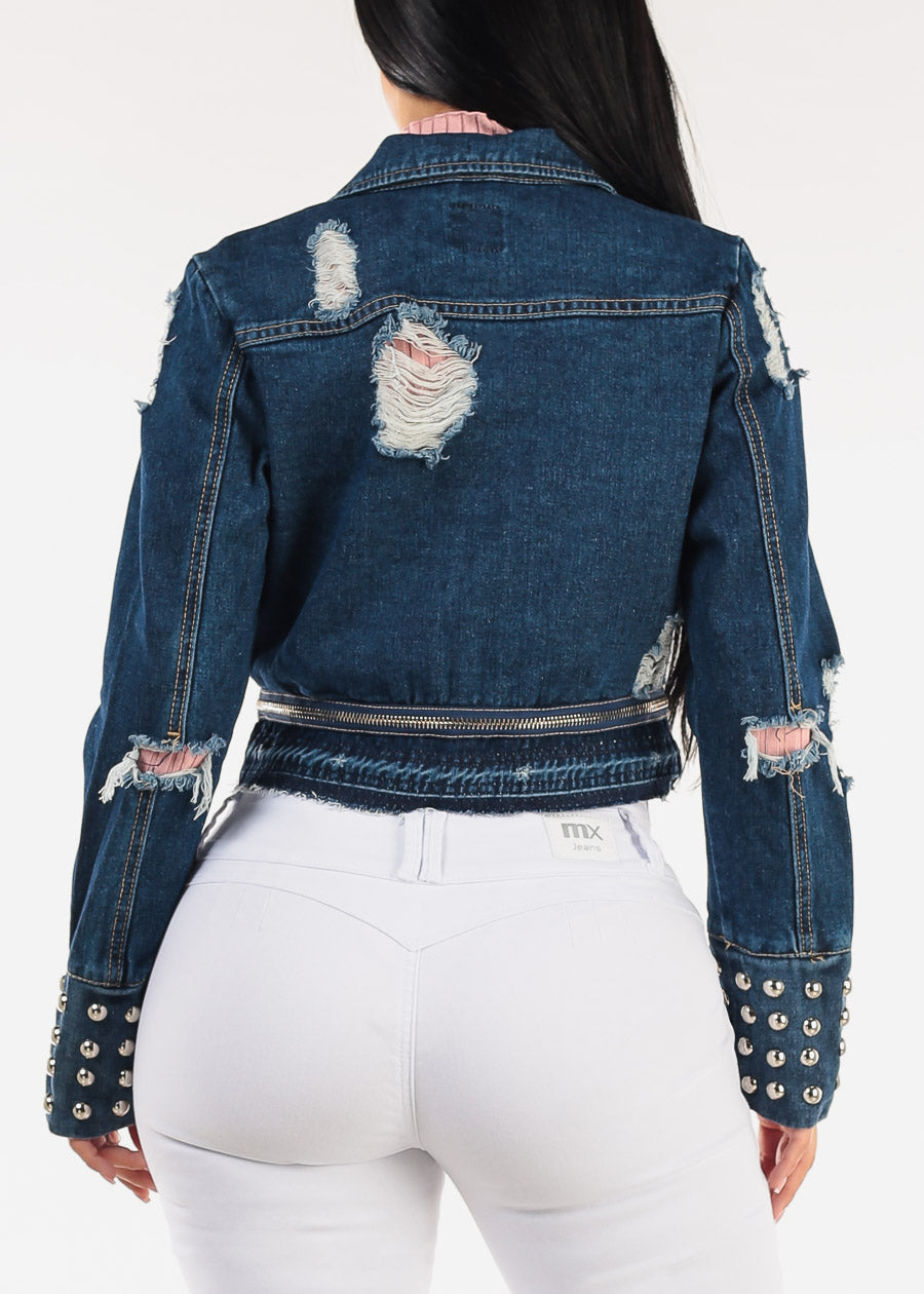 Zip Up Long Sleeve Distressed Moto Denim Jacket Dark Wash