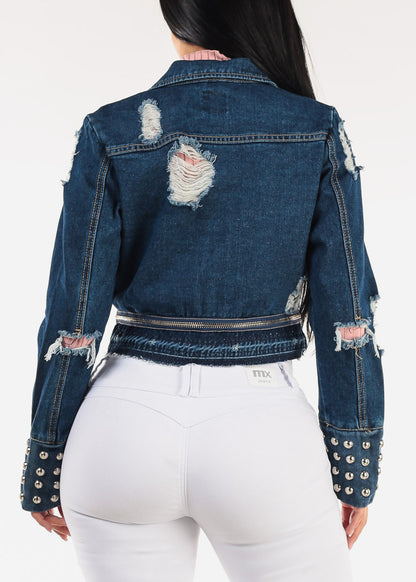 Zip Up Long Sleeve Distressed Moto Denim Jacket Dark Wash
