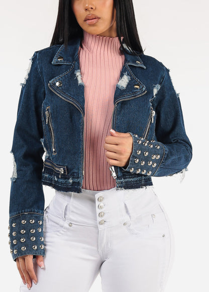 Zip Up Long Sleeve Distressed Moto Denim Jacket Dark Wash