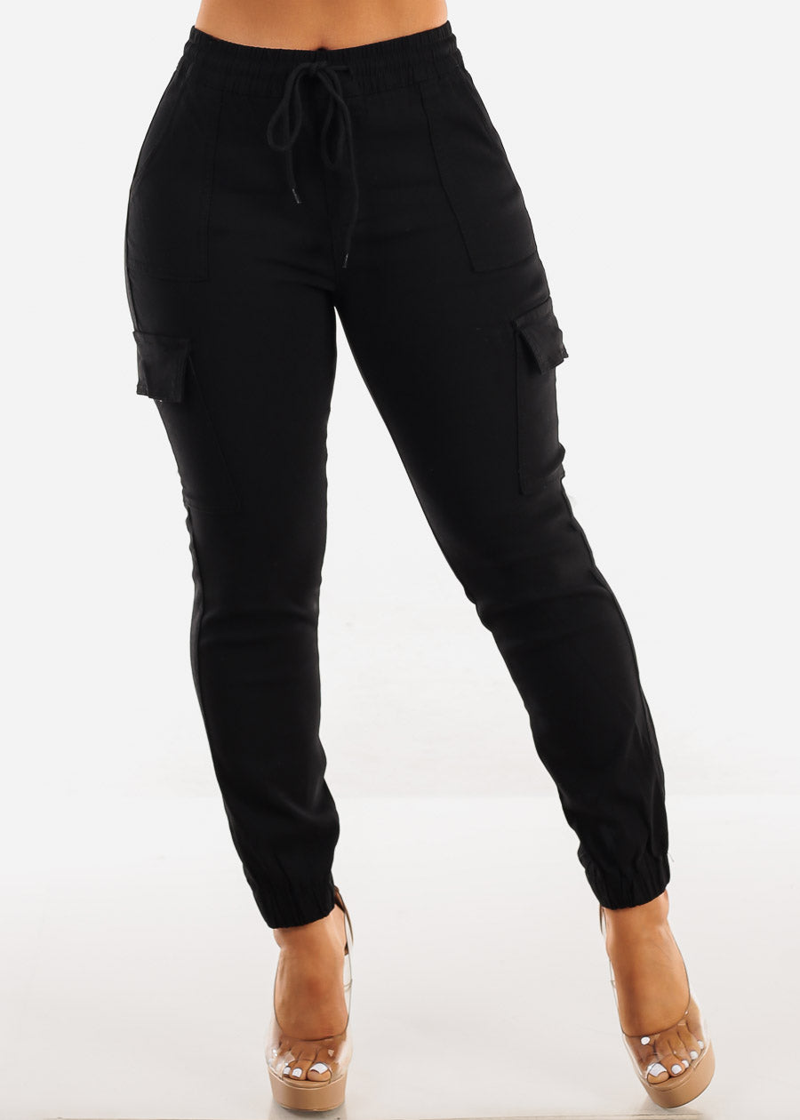 Drawstring Waist Hyper Stretch Black Cargo Jogger Pants