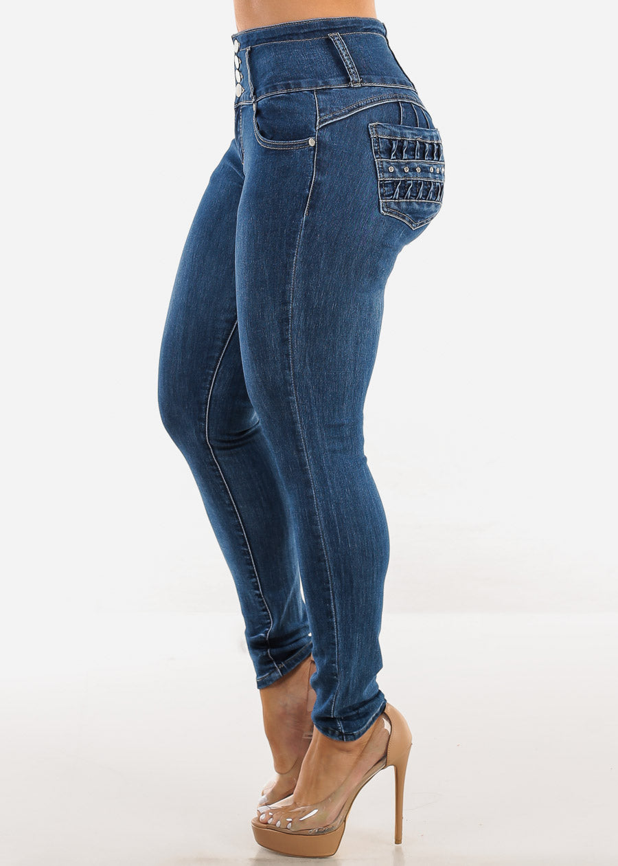 Butt Lift High Waist Skinny Jeans Dark Bleach Wash