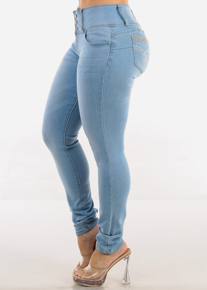 Butt Lift Mid Rise Stretchy Skinny Jeans Light Blue