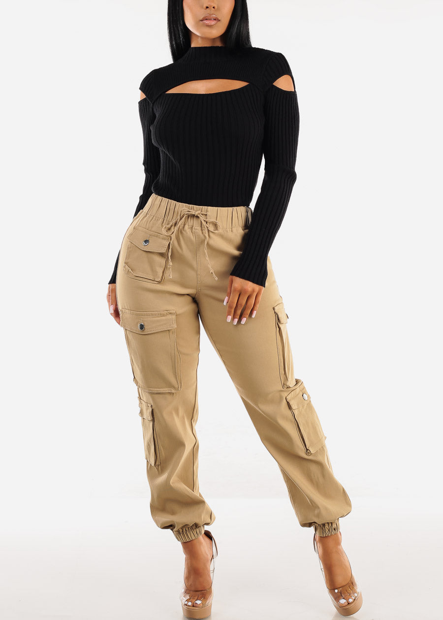 Drawstring Waist Hyper Stretch Cargo Jogger Pants Khaki